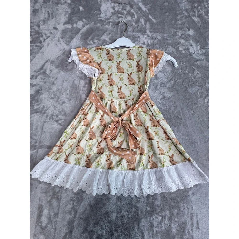 Bunny Print Dress Peach Polka Dot Ruffle Sleeve Easter Spring Kids 4T‎